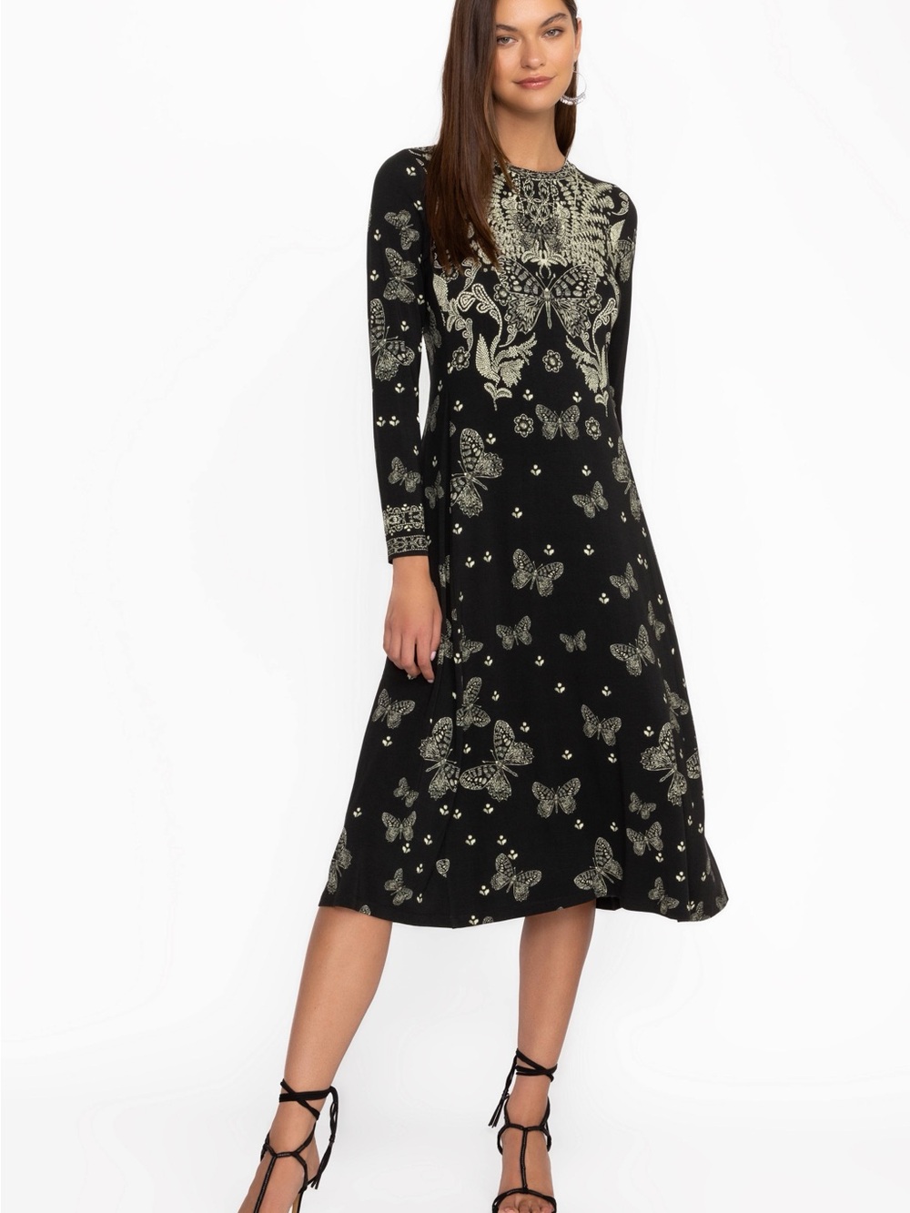 Johnny Was the Janie Favorite A line knit Long-Sleeve Butterfly Print Midi Dress